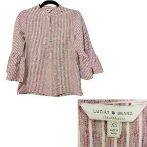 Lucky Brand Thin Stripe Bell Sleeve Boho Top With Button Neckline - XS